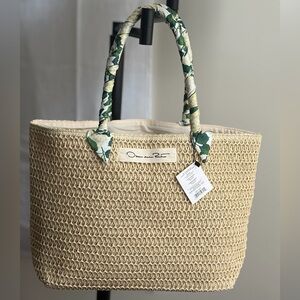 Oscar de la Renta Beige Woven Tote with Green Floral-Trim Handles